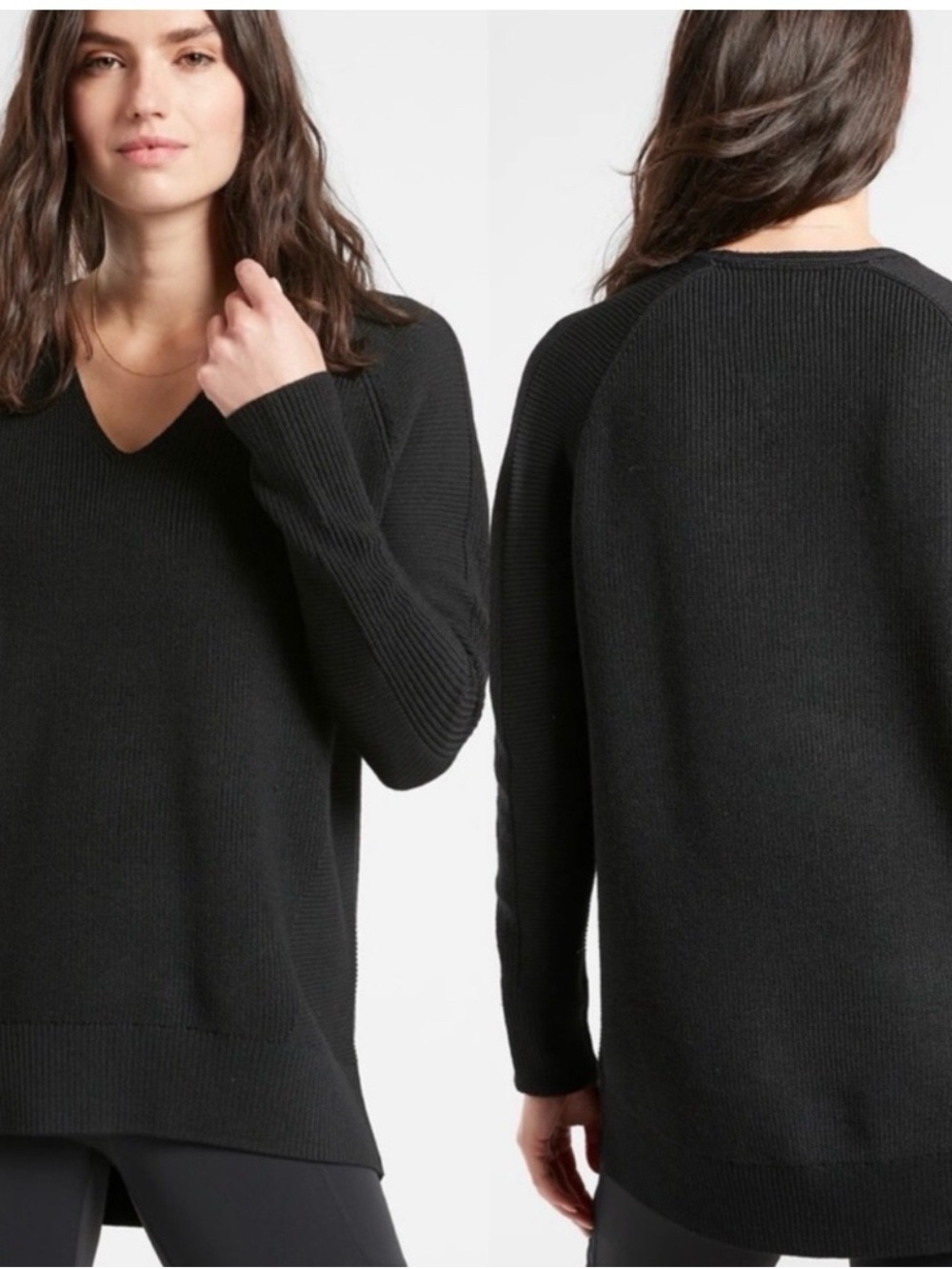Athleta Hanover V-Neck Sweater Oversized Hi-Lo Hem Dark Gray 8 10 M